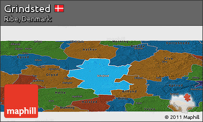 Political Panoramic Map of Grindsted, darken