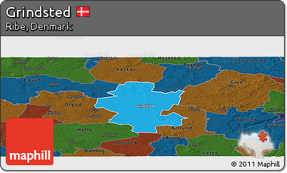 Political Panoramic Map of Grindsted, darken
