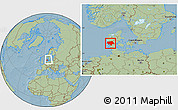 Savanna Style Location Map of Ribe, within the entire country, hill shading