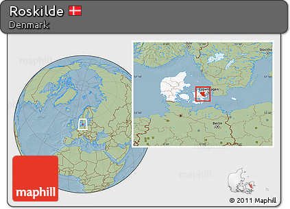 Savanna Style Location Map of Roskilde, highlighted country, hill shading