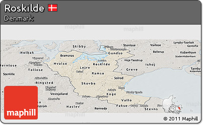 Shaded Relief Panoramic Map of Roskilde, semi-desaturated