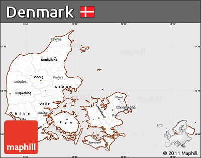Classic Style Simple Map of Denmark, cropped outside