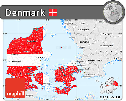 Flag Simple Map of Denmark, single color outside, borders and labels, flag centered