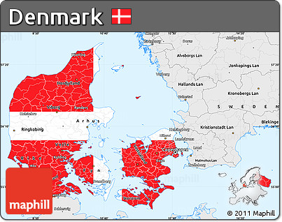 Flag Simple Map of Denmark, single color outside, borders and labels, flag centered