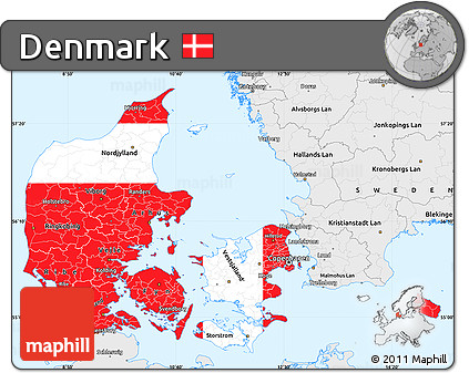 Flag Simple Map of Denmark, single color outside, borders and labels, flag aligned to the middle