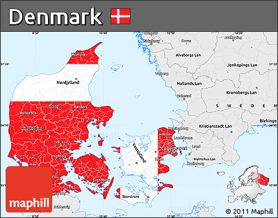 Flag Simple Map of Denmark, single color outside, borders and labels, flag aligned to the middle