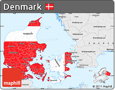 Flag Simple Map of Denmark, single color outside, borders and labels, flag aligned to the middle