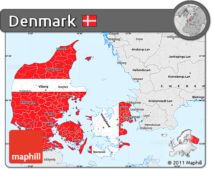 Flag Simple Map of Denmark, single color outside, borders and labels, flag rotated