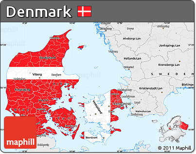Flag Simple Map of Denmark, single color outside, borders and labels, flag rotated