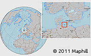 Gray Location Map of Rudbjerg, within the entire country, hill shading