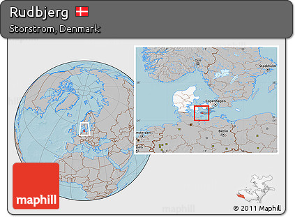 Gray Location Map of Rudbjerg, highlighted country, highlighted parent region, within the entire country, hill shading