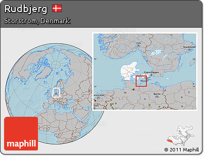 Gray Location Map of Rudbjerg, highlighted country, highlighted parent region, within the entire country, hill shading
