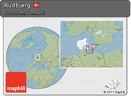 Savanna Style Location Map of Rudbjerg, highlighted country, highlighted parent region, within the entire country, hill shading