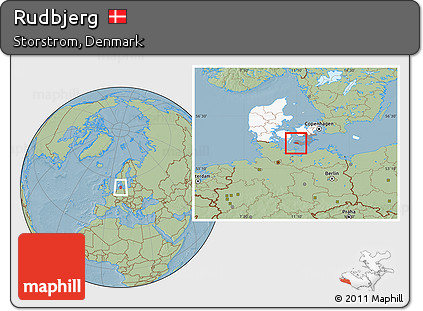 Savanna Style Location Map of Rudbjerg, highlighted country, highlighted parent region, hill shading