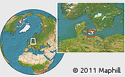 Satellite Location Map of Sakskobing, highlighted parent region, within the entire country