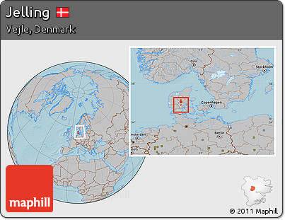 Gray Location Map of Jelling, within the entire country, hill shading