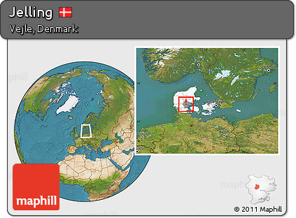 Satellite Location Map of Jelling, highlighted country, highlighted parent region, within the entire country