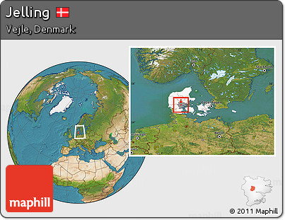 Satellite Location Map of Jelling, highlighted country, highlighted parent region, within the entire country