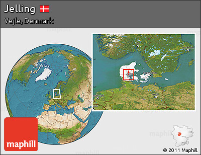 Satellite Location Map of Jelling, highlighted country, highlighted parent region, within the entire country