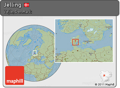 Savanna Style Location Map of Jelling, within the entire country, hill shading
