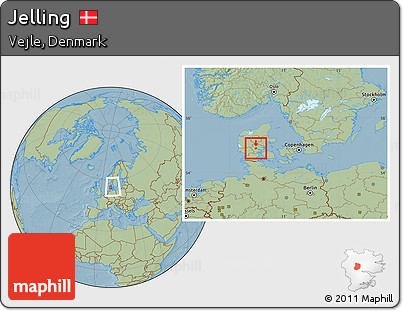 Savanna Style Location Map of Jelling, within the entire country, hill shading