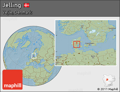 Savanna Style Location Map of Jelling, within the entire country, hill shading