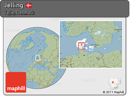 Savanna Style Location Map of Jelling, highlighted country, within the entire country, hill shading