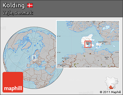 Gray Location Map of Kolding, highlighted country, highlighted parent region, hill shading