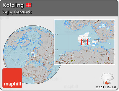 Gray Location Map of Kolding, highlighted country, highlighted parent region, hill shading