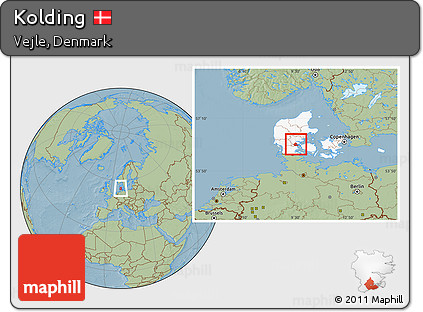 Savanna Style Location Map of Kolding, highlighted country, hill shading