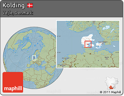 Savanna Style Location Map of Kolding, highlighted country, hill shading