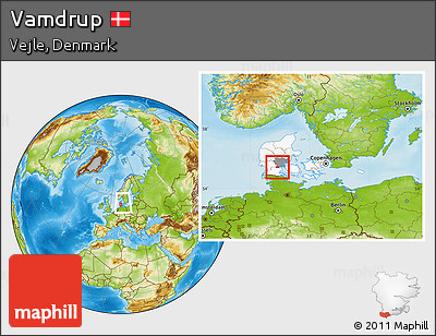 Physical Location Map of Vamdrup, highlighted country, highlighted parent region, within the entire country