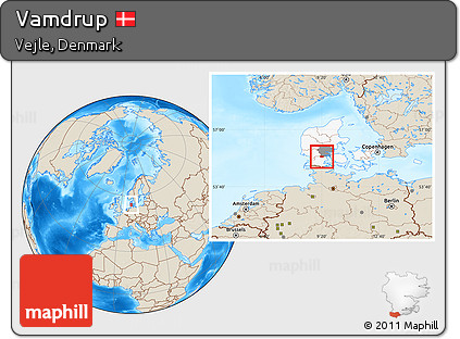 Shaded Relief Location Map of Vamdrup, highlighted country, highlighted parent region