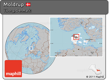 Gray Location Map of Moldrup, highlighted country, highlighted parent region, hill shading