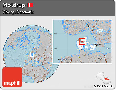 Gray Location Map of Moldrup, highlighted country, highlighted parent region, hill shading