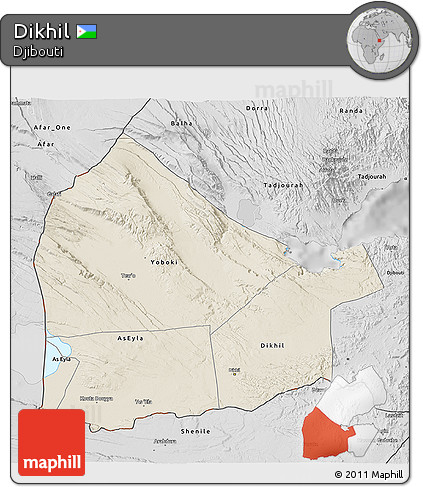 Shaded Relief 3D Map of Dikhil, desaturated