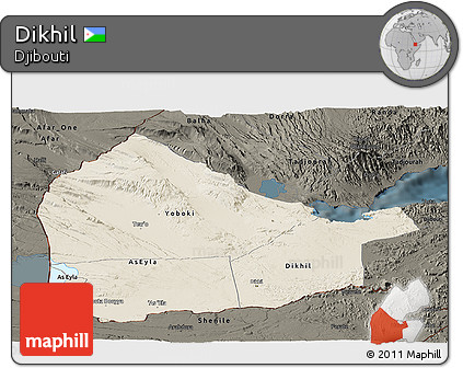 Shaded Relief Panoramic Map of Dikhil, darken