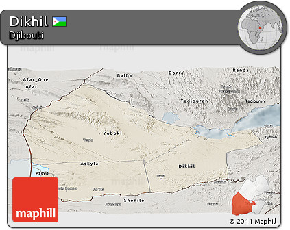Shaded Relief Panoramic Map of Dikhil, semi-desaturated