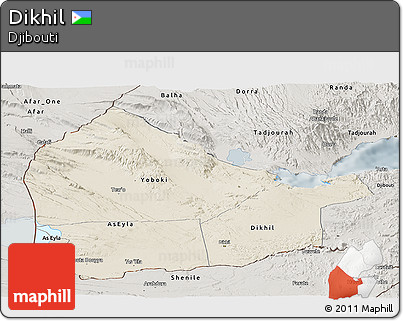 Shaded Relief Panoramic Map of Dikhil, semi-desaturated