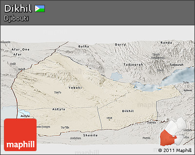 Shaded Relief Panoramic Map of Dikhil, semi-desaturated
