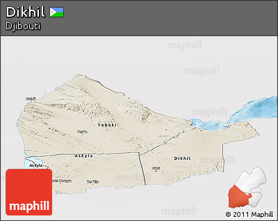 Shaded Relief Panoramic Map of Dikhil, single color outside