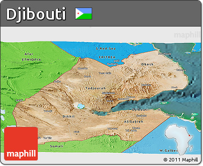 Satellite Panoramic Map of Djibouti, political shades outside, satellite sea
