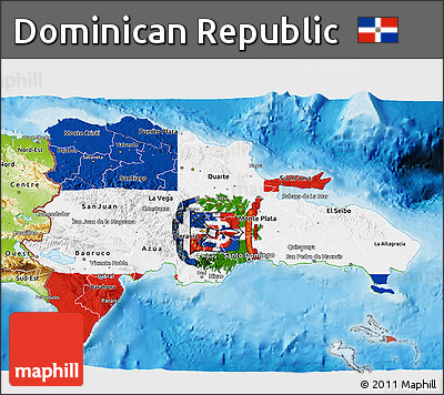 Flag 3D Map of Dominican Republic, physical outside, bathymetry sea, flag aligned to the middle