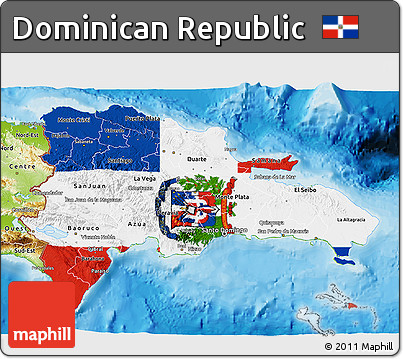 Flag 3D Map of Dominican Republic, physical outside, bathymetry sea, flag aligned to the middle