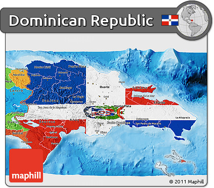Flag 3D Map of Dominican Republic, political outside, flag rotated