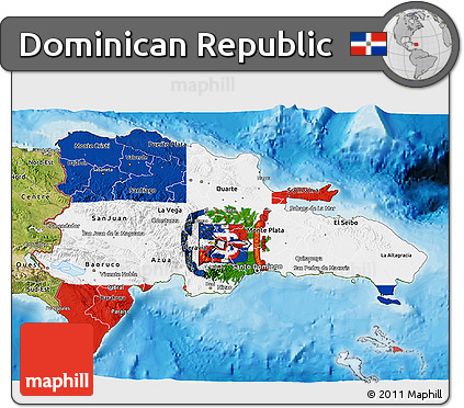 Flag 3D Map of Dominican Republic, satellite outside, bathymetry sea, flag aligned to the middle