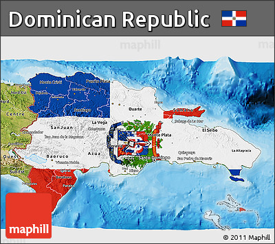 Flag 3D Map of Dominican Republic, satellite outside, bathymetry sea, flag aligned to the middle