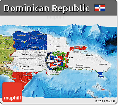 Flag 3D Map of Dominican Republic, satellite outside, bathymetry sea, flag aligned to the middle