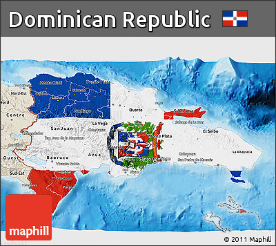 Flag 3D Map of Dominican Republic, shaded relief outside, bathymetry sea, flag aligned to the middle