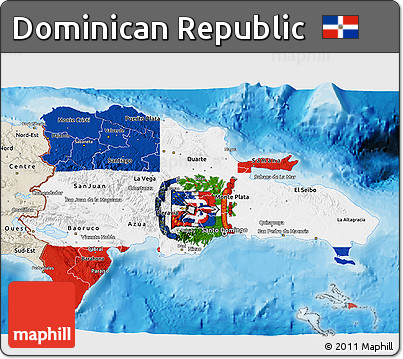 Flag 3D Map of Dominican Republic, shaded relief outside, bathymetry sea, flag aligned to the middle